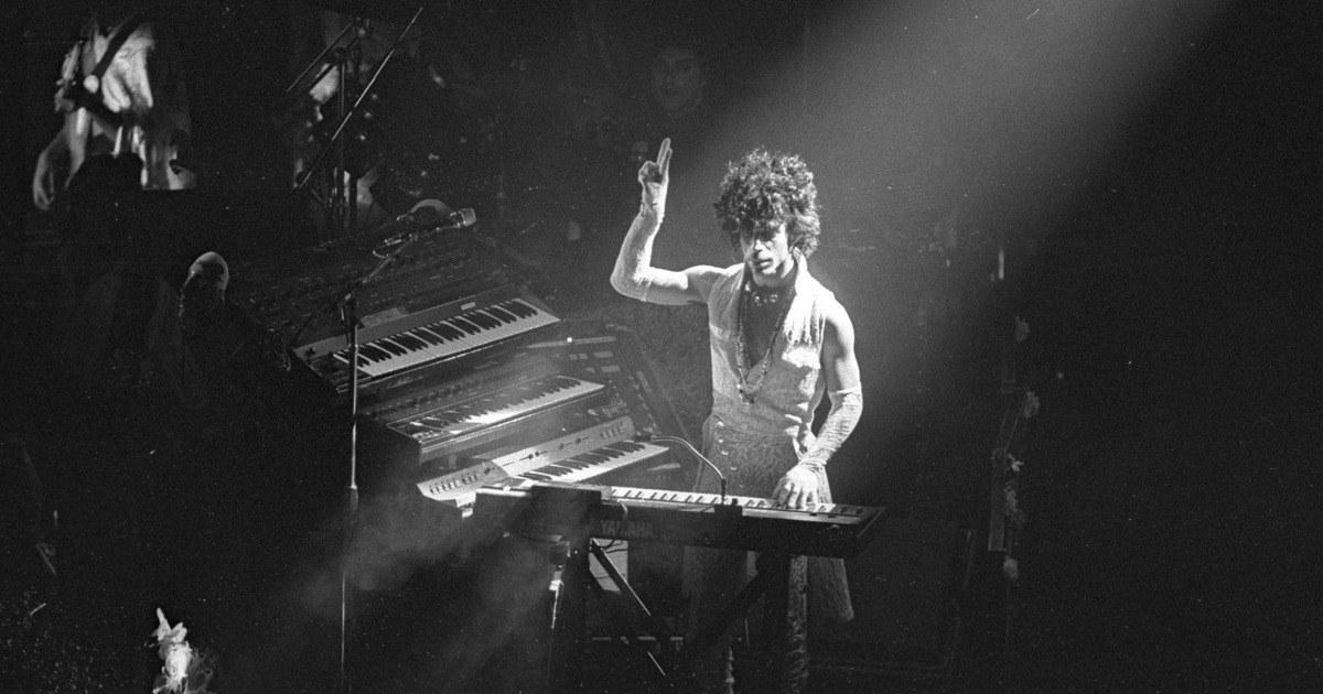Prince in the studio in the Purple Rain era.